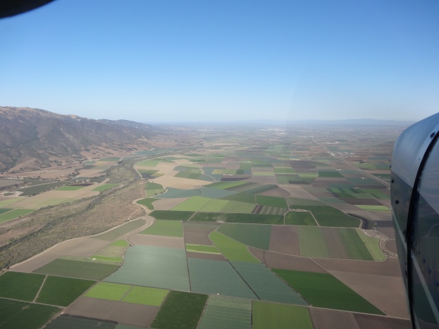 The inland valleys of California’s central coast are intensively farmed for 9 to 10 months of the year.  The Otter Project monitors the coast and Salinas Valley by small plane.  One grower threatened to shoot the plane down. The Salinas River is to the left and Monterey Bay in the far distance.